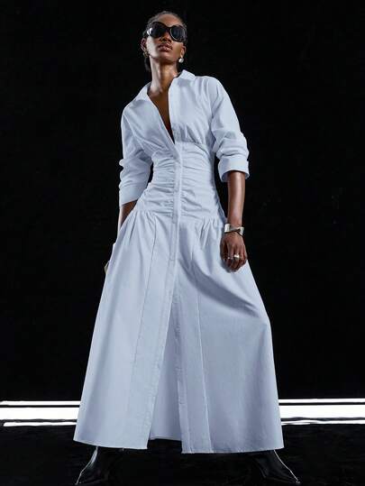 LYSMO Women's Casual Solid Color Ruched Front Button Long Dress, Autumn