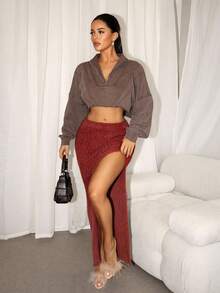 Sirith Autumn/Winter Fitted High Slit Knit Skirt - Brown - View 5