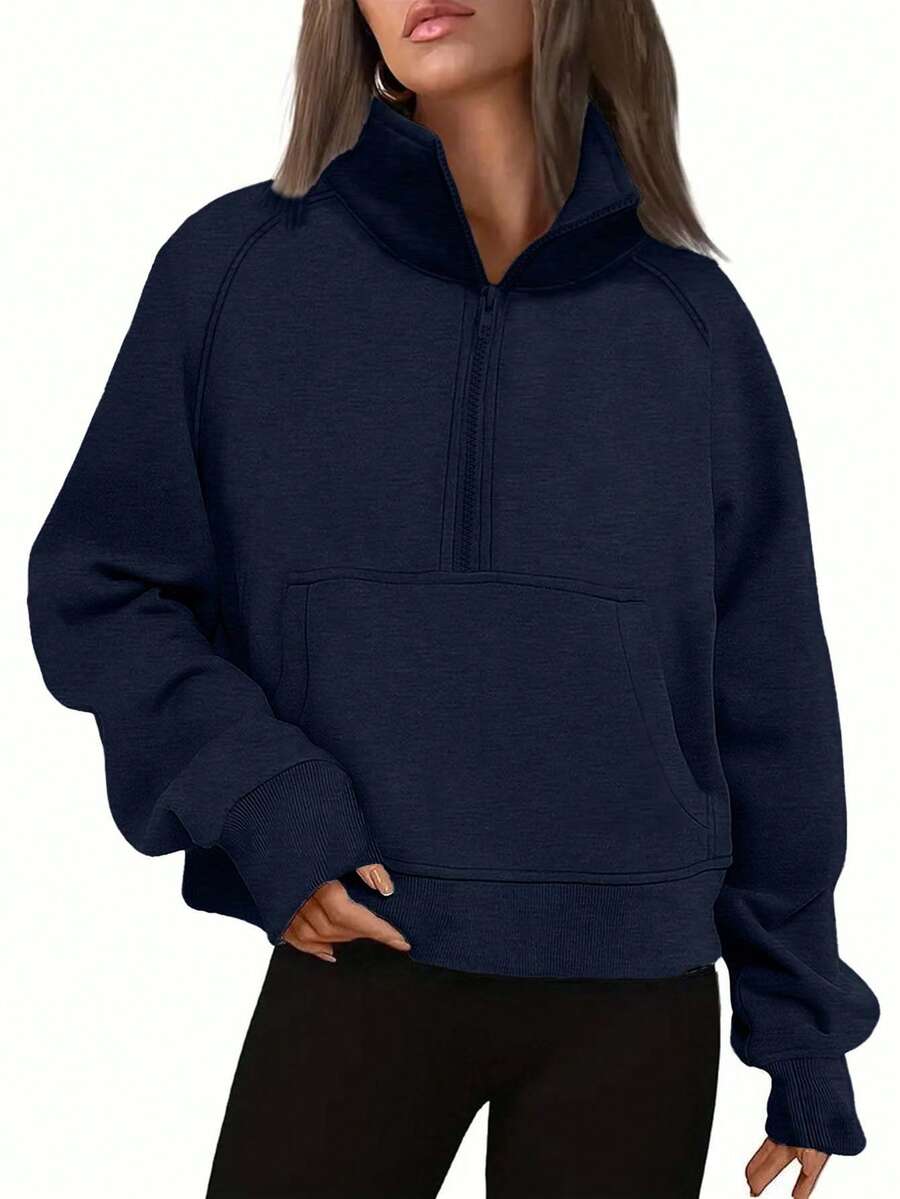 EURMUSE Damen Lässig Alltags Pendler einfache einfarbige Rollkragen Halb-Reißverschluss Vordertasche Raglanärmel Sweatshirt, Herbst - marineblau - Übersicht 1