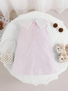 Souflis Souflis 女婴休闲优雅甜美公主风格蓝色条纹无袖连衣裙，带白色蝴蝶结领口装饰，夏季 - 粉色 - 查看 2