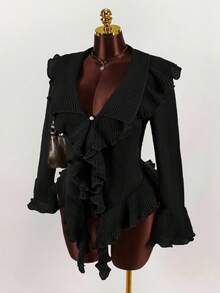 Áo khoác cardigan tay loe bèo nhún thời trang thu đông gợi cảm và ngọt ngào cho nữ cỡ lớn - màu đen - Xem 4