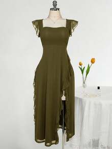 SHEIN ICON Váy ôm cổ vuông viền bèo nhún cỡ lớn, phù hợp cho đám cưới, tiệc tùng, khách dự tiệc, trang phục mùa xuân lãng mạn - xanh quân đội - Xem 3