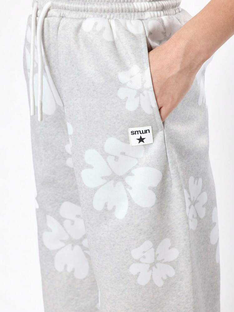 Wide Leg Floral Print Sweatpants With Drawstring And Pockets