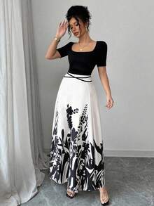 SHEIN PETITE 女士方领短袖印花中长连衣裙 - 杏色 - 查看 3