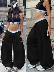 Coolane 女士秋季街头风基本款日常穿搭外出机场休闲黑色低腰宽松香蕉裤 - 黑色 - 查看 3