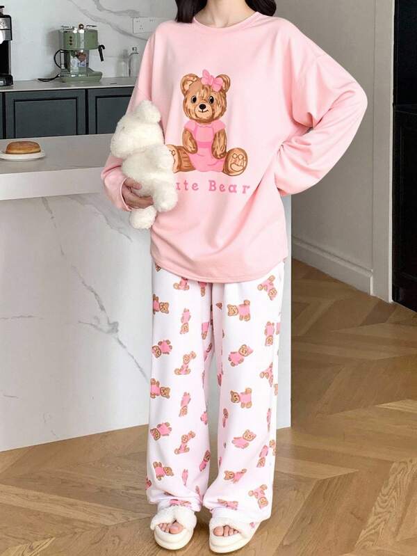 Teenager Mädchen Süßer Bären Muster Locker Pyjama Set, Lässig Zuhause, Alltägliches Tragen