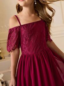 Elegant Burgundy Traditional Wedding Dress For Tween Girls,Luxurious Off Shoulder Short Sleeve Long Mesh Summer Gown For Party,Banquet,Flower Girl - Burgundy - View 8