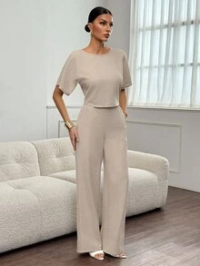 SHEIN Tall Bộ 2 áo sơ mi và quần xếp ly màu trơn dành cho nữ, phù hợp mặc vào mùa thu, thường ngày và công sở - Màu Khaki - Xem 3