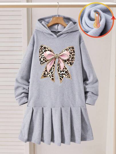 Sparklyn 女童休闲时尚可爱豹纹蝴蝶结装饰圆领长袖百褶连衣裙，秋冬