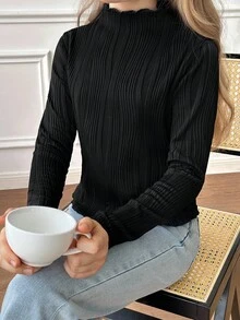 SHEIN 少女休闲简约百搭提花针织立领荷叶边修身长袖黑色T恤上衣，适合日常叠穿，秋冬季节穿着。 - 黑色 - 查看 3