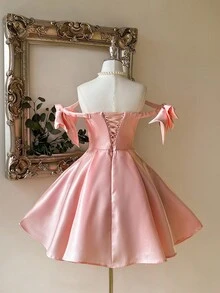 Lovelzi Elegant Luxurious Romantic Shiny Satin Off Shoulder Exaggerated Big Bow Sleeve Pleated Peplum Hem Dress, Suitable For Evening Party, Wedding, Gala - Baby Pink - View 2