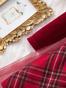 Babygirl 可爱优雅天鹅绒撞色网眼格子长袖连衣裙 - 紅色 - 查看 6