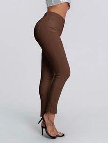 SHEIN Essnce 女式休闲简约纯色纽扣口袋牛仔裤 - 咖啡棕 - 查看 2