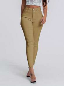 SHEIN Essnce 女式简约纯色磨边口袋紧身牛仔裤 - 卡其色 - 查看 3