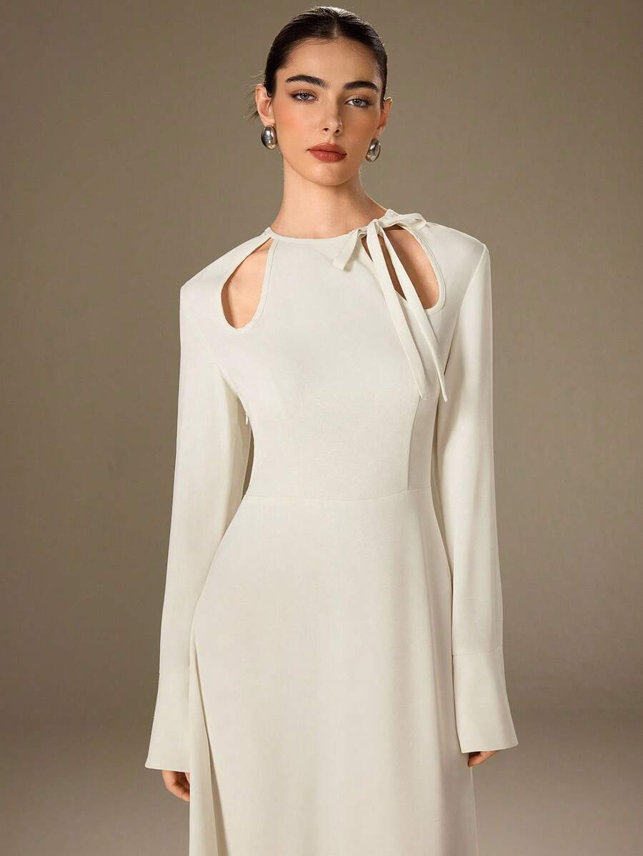 NOVVYNE Vestido longo feminino elegante e detalhado com amarração, primavera/outono