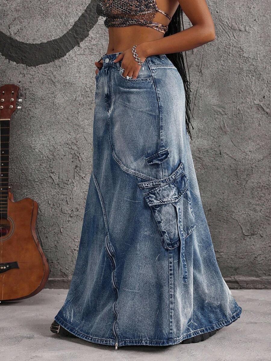 SHEIN EZwear 大码复古水洗牛仔裙 - 藍色 - 查看 1