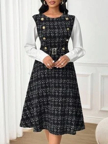 SHEIN Lady Elegant Waist Cinched Long Sleeve Women's Midi Dress