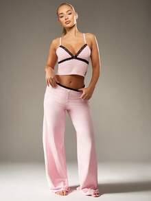 Missguided x Playboy Christmas Lace Trim Cami Top With Wide Leg Pants - Pink - View 4