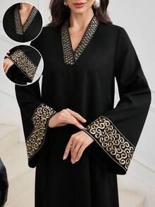 Al Najma 刺绣饰边拼布 V 领收腰喇叭形土耳其和阿拉伯风格长裙，优雅的 Abaya Kaftan 和 Jalabiya，适合晚会/婚礼嘉宾/周年纪念 - 黑色 - 查看 1