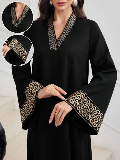 Al Najma 刺绣饰边拼布 V 领收腰喇叭形土耳其和阿拉伯风格长裙，优雅的 Abaya Kaftan 和 Jalabiya，适合晚会/婚礼嘉宾/周年纪念