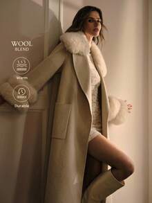 MOTF PREMIUM WOOL CONTRAST FUZZY DETAIL PATCH POCKET BELTED OVERCOAT - Beige - View 2