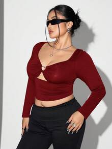 SHEIN ICON 加大码心形钻石装饰透明网眼拼接修身镂空长袖黑色T恤 - 酒紅色 - 查看 6