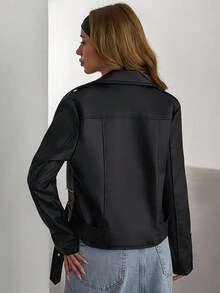 EURMUSE Zip Up PU Belted Detailed Leather Moto Jacket, For Autumn/Winter - Black - View 2