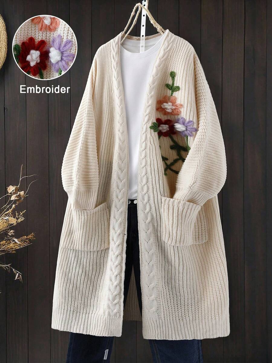 Linhara Vintage Floral Embroidered Loose Fit Midi Knit Cardigan, Cream White Winter - Beige - View 1