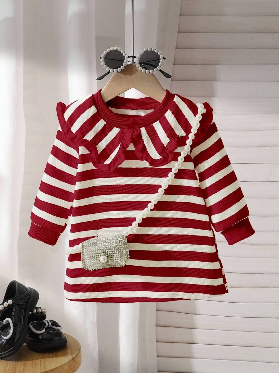 SHEIN Playful Pals Baby Girl Casual Striped Lapel Long Sleeve Dress, Spring/Autumn Fall Winter - Burgundy - View 1