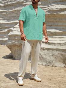 Manfinity NXTstreet Men's Simple Solid Color Textured Button Half-Placket Short Sleeve Shirt, Summer - Cadet Blue - View 6