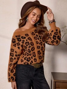 SHEIN LUNE Women's Fashion Casual Leopard Print Asymmetric Neck Western Style Sweater - Brown - View 7