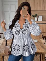 Weeklong Women's Plus Size Wavy Hem V-Neck Printed Fashion Shirt, Autumn/Winter