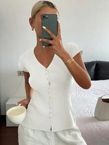 DAZY 素色修身V領彈性秋季老錢風休閒女款薄款開襟外套 - 白色 - 查看 6
