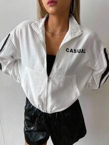 DAZY Letter Graphic Contrast Tape Drop Shoulder Jacket Linen - White - View 1