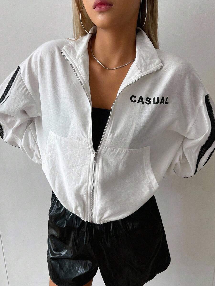 DAZY Letter Graphic Contrast Tape Drop Shoulder Jacket Linen - White - View 1