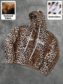 ROMWE MEN Street Life sweat-shirt à capuche en polaire avec imprimé léopard et texte anglais pour hommes, style de rue, automne/hiver - Marron - Voir 3