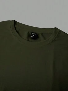 Manfinity Homme Modern Casual Men Dark Green Long Sleeve Tee With Letter Graphic, Round Neck Regular Length High-Low Design Casual Tee For Men, Olive Long Sleeve T-Shirt , Fall - Dark Green - View 4
