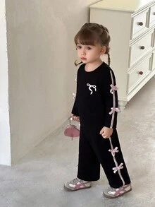 SHEIN Baby Girl Casual Set With Bow Decor Round Neck Long Sleeve T-Shirt And Pants, Autumn Fall Winter - Black - View 4