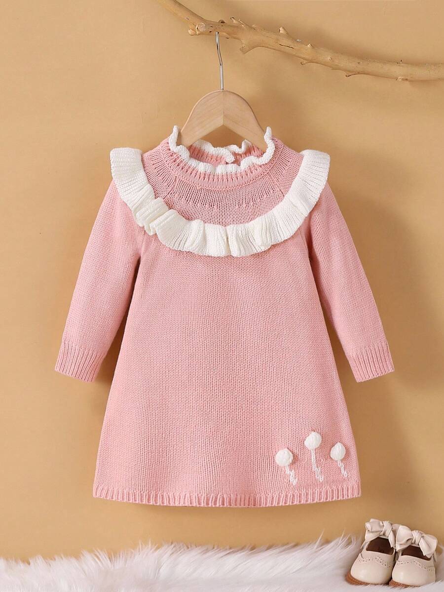 Genkimix Kids Baby Mädchen Lässig Farbblock Rüschen Saum Strickkleid, Herbst/Winter - Pink - Übersicht 1