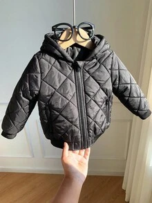 Chaqueta con capucha con cremallera, forro térmico, bolsillos laterales con cremallera, patrón de cuadros de diamante, para bebés niños y niñas, casual, versátil, suave y cómoda, adecuada para jugar en la nieve - Negro - Ver 3
