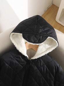 Emery Rose Kids Emery Rose Kids 青少年女孩黑色羽绒大衣，休闲羊毛绗缝连帽口袋中长款拉链宽松落肩夹克秋冬 - 黑色 - 查看 6