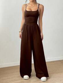 Flirla Women's Casual Pleated Loose Straight Leg Jumpsuit, Spring/Summer - Coffee Brown - View 4