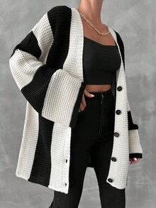 EURMUSE Two Tone Drop Shoulder Button Front Cardigan - Black and White - View 3