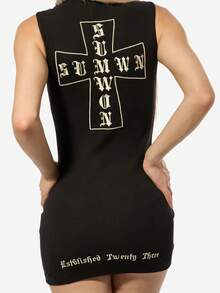 SUMWON WOMEN Váy ngắn Gothic Cross Cotton không tay, bó sát, cổ cao, thích hợp cho lễ hội, câu lạc bộ nhạc rock thay thế, tiệc đêm, thời trang thu đông cho lễ Halloween - màu đen - Xem 1