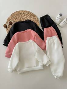 SHEIN 6 件套女婴可爱字母印花长袖运动衫和松紧腰裤，秋冬