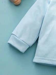 SHEIN 男婴秋季蓝色连帽衫套装，可爱简约线条狗图案 3D 匹配耳朵，条纹裤，日常休闲装 - 藍色 - 查看 4