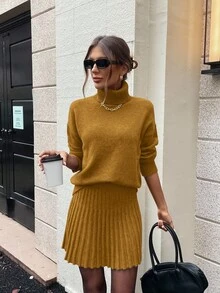 Lyxana Women's Solid Color Minimalist Turtleneck Long Sleeve Top And Mini Skirt 2-Piece Set - Yellow - View 7