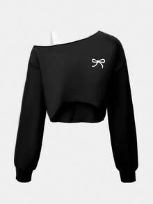 Sparklyn Asymmetrical Sleeve Casual Cute Y2k Comfortable Sweatshirt For Teen Girls Autumn Back-To-School Black - Black - View 3