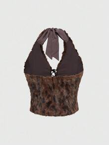 ROMWE Hippie Women's Y2K Harajuku Leopard Faux Fur Crop Top With Star Pocket Two Pieces Set - Brown - View 6