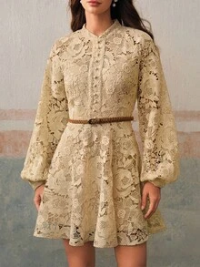 Anewsta Đầm tay đèn lồng họa tiết hoa thêu ren cổ điển thanh lịch lãng mạn dành cho nữ, thích hợp cho năm mới, tiệc tùng, tốt nghiệp - Màu be - Xem 5